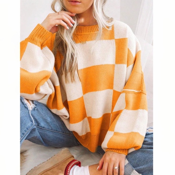 Checkers Orange White Oversized Knit Pullover Sweater - Picture 1 of 13